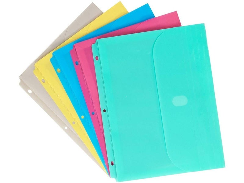 1InTheOffice Binder Pocket Envelopes 3 Ring, 3 Ring Envelopes with Hook & Loop Closure, Assorted Colors, (6 Pack) - Image 1